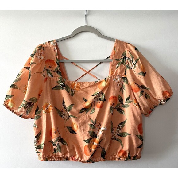 LOFT Tops - LOFT Orange Short Sleeve Orange Print Strappy Square Neckline Cropped Top Size L